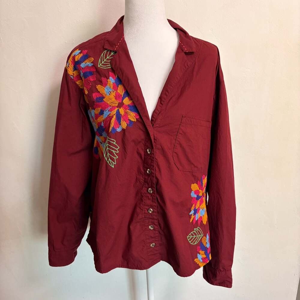 Maeve Anthropologie Blouse Women 12 Red Embroidered Floral Button Tunic Top Boho